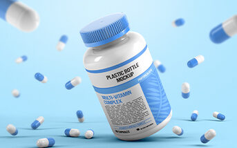 Bottle of multi-vitamin complex with capsules floating around it.